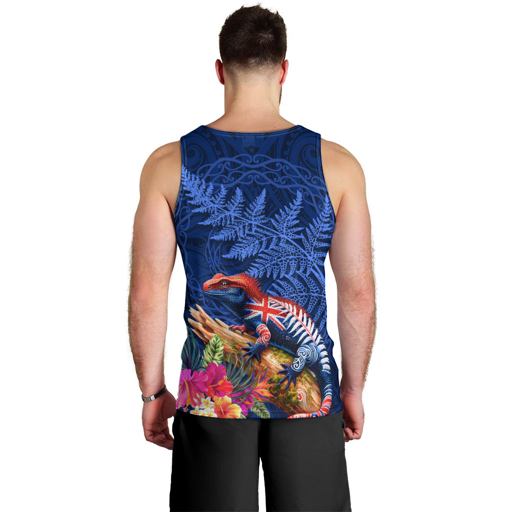 New Zealand Tuatara Men Tank Top Silver Fern Hibiscus and Tribal Maori Pattern Blue Color