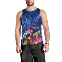 New Zealand Tuatara Men Tank Top Silver Fern Hibiscus and Tribal Maori Pattern Blue Color
