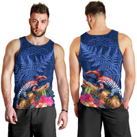 New Zealand Tuatara Men Tank Top Silver Fern Hibiscus and Tribal Maori Pattern Blue Color