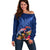 New Zealand Tuatara Off Shoulder Sweater Silver Fern Hibiscus and Tribal Maori Pattern Blue Color