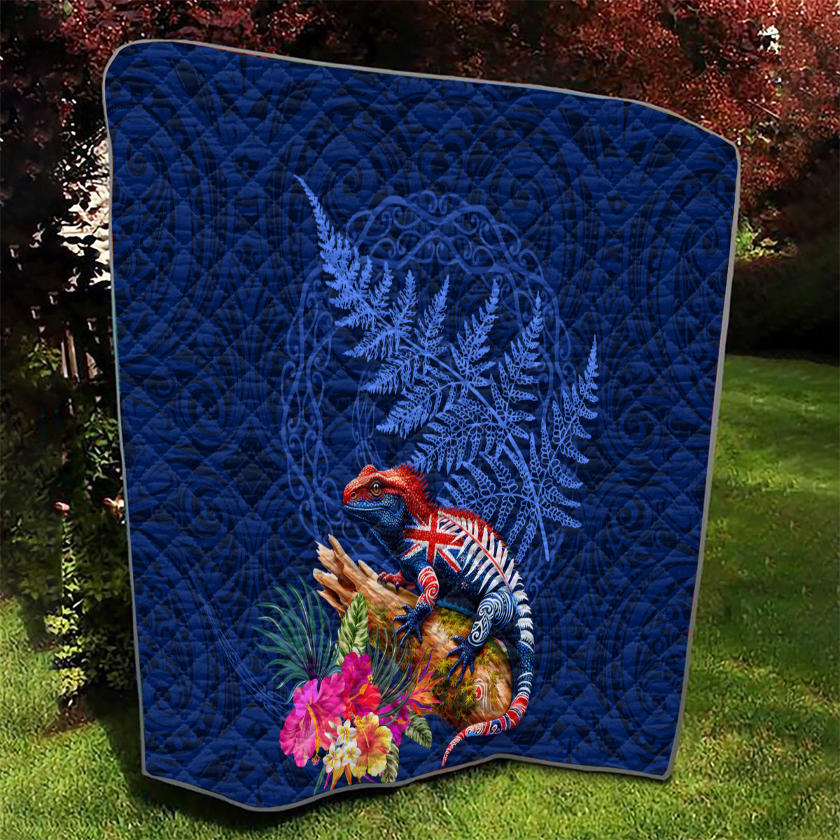 New Zealand Tuatara Quilt Silver Fern Hibiscus and Tribal Maori Pattern Blue Color