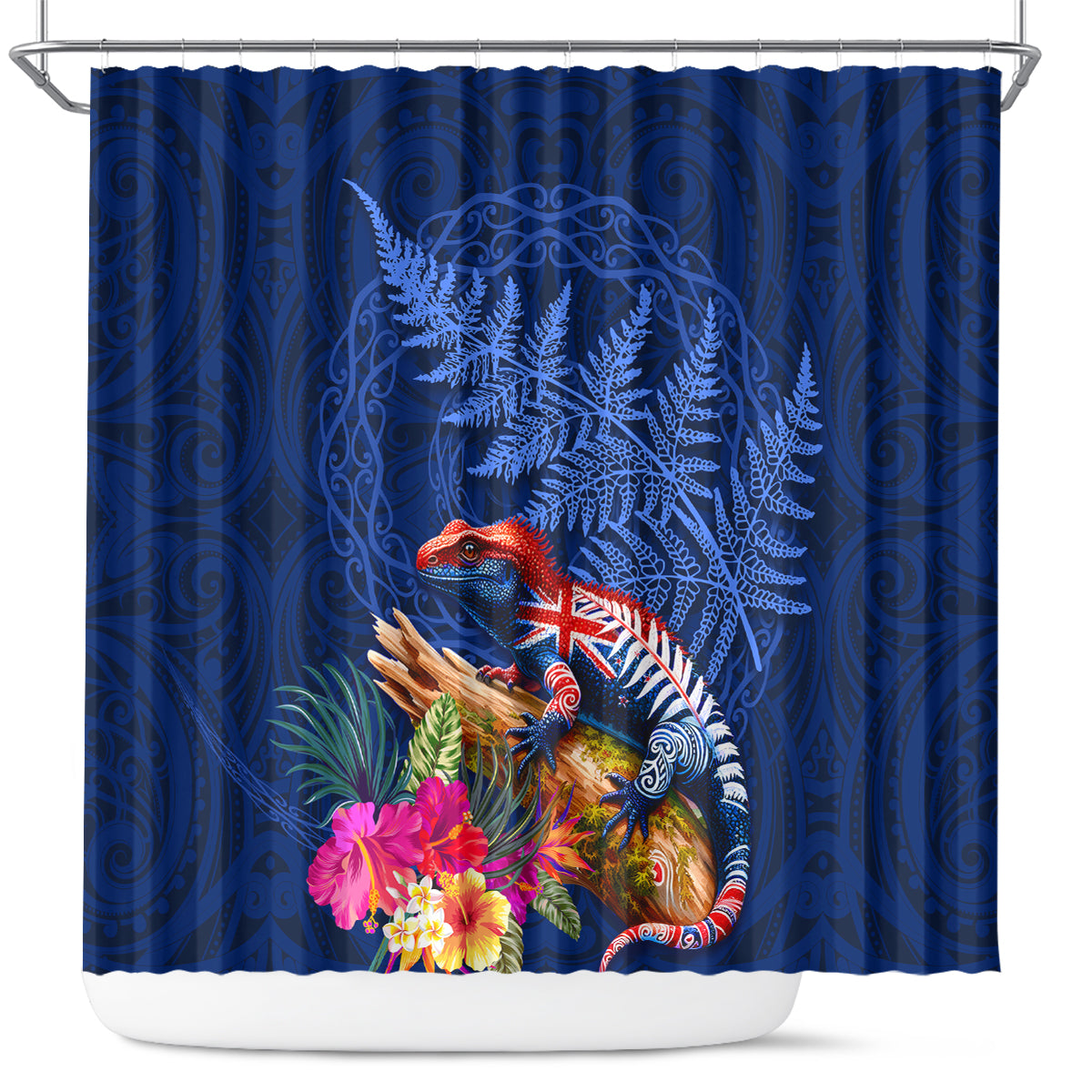 New Zealand Tuatara Shower Curtain Silver Fern Hibiscus and Tribal Maori Pattern Blue Color LT03 Blue - Polynesian Pride
