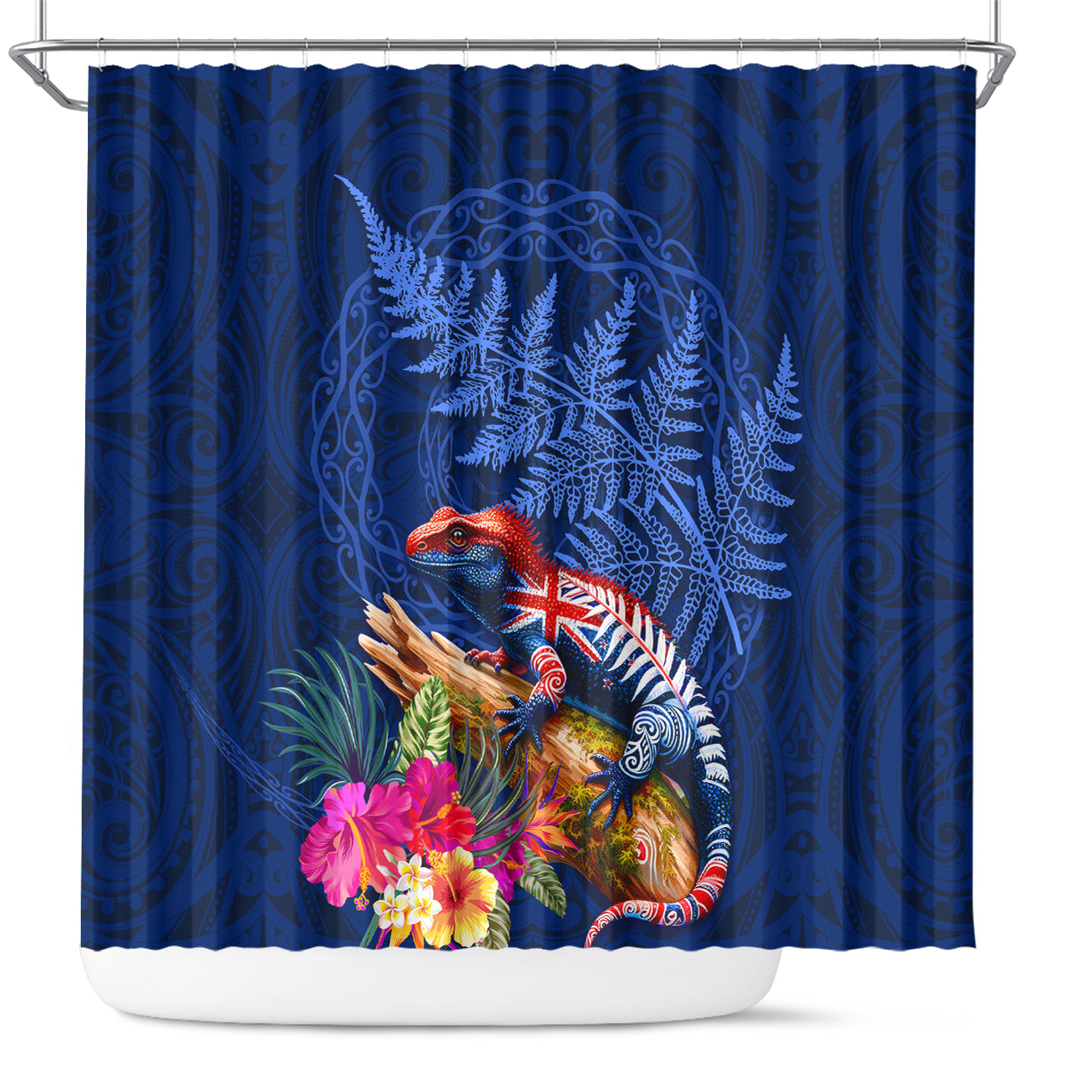 New Zealand Tuatara Shower Curtain Silver Fern Hibiscus and Tribal Maori Pattern Blue Color
