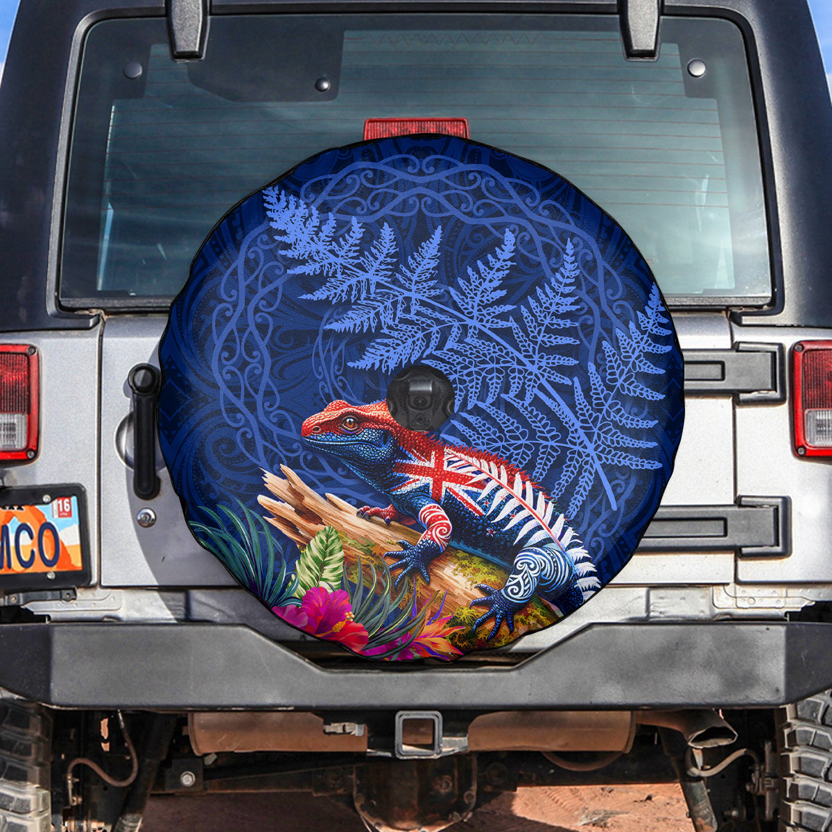 New Zealand Tuatara Spare Tire Cover Silver Fern Hibiscus and Tribal Maori Pattern Blue Color