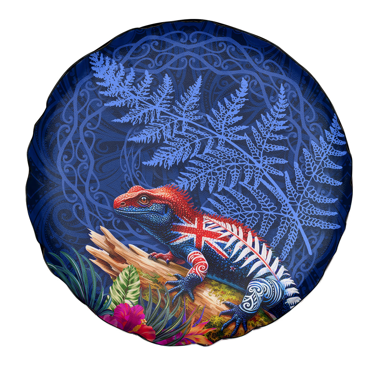 New Zealand Tuatara Spare Tire Cover Silver Fern Hibiscus and Tribal Maori Pattern Blue Color