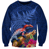 New Zealand Tuatara Sweatshirt Silver Fern Hibiscus and Tribal Maori Pattern Blue Color