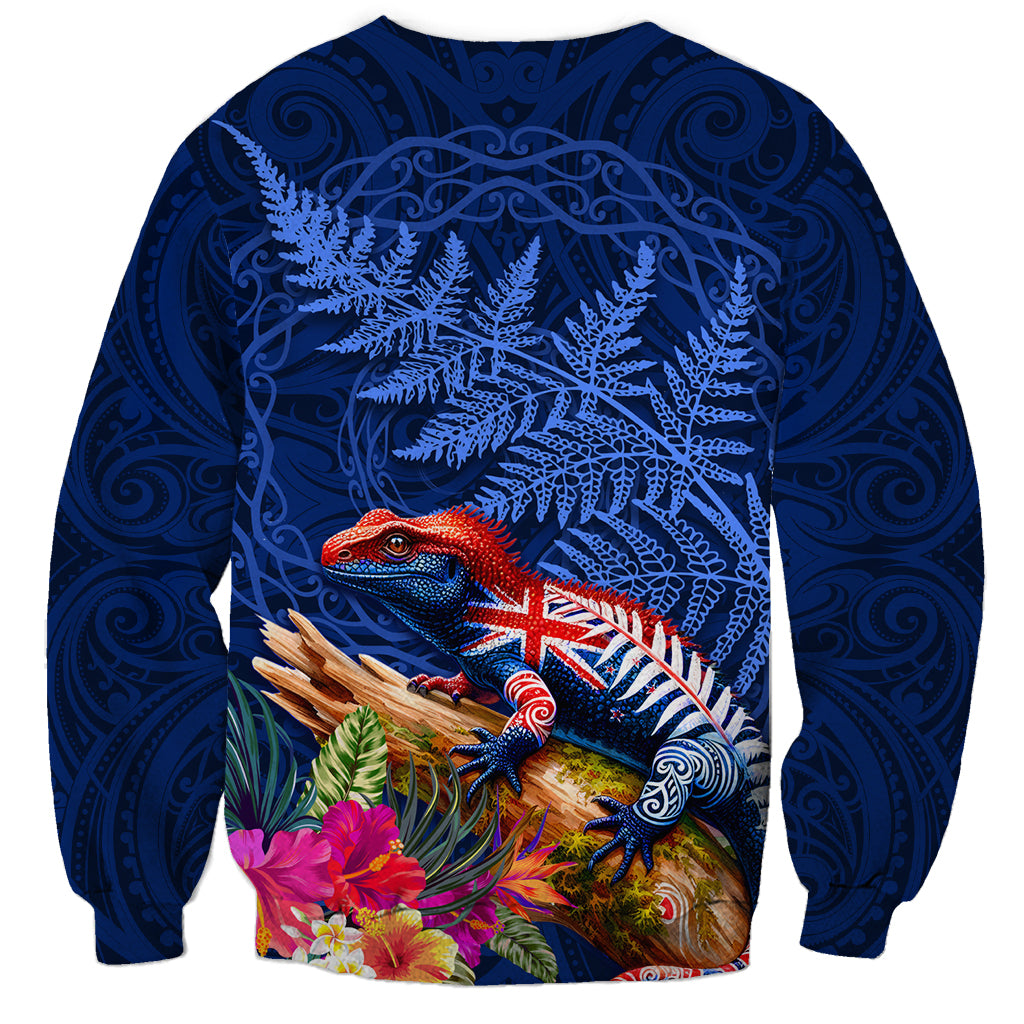 New Zealand Tuatara Sweatshirt Silver Fern Hibiscus and Tribal Maori Pattern Blue Color
