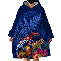 New Zealand Tuatara Wearable Blanket Hoodie Silver Fern Hibiscus and Tribal Maori Pattern Blue Color