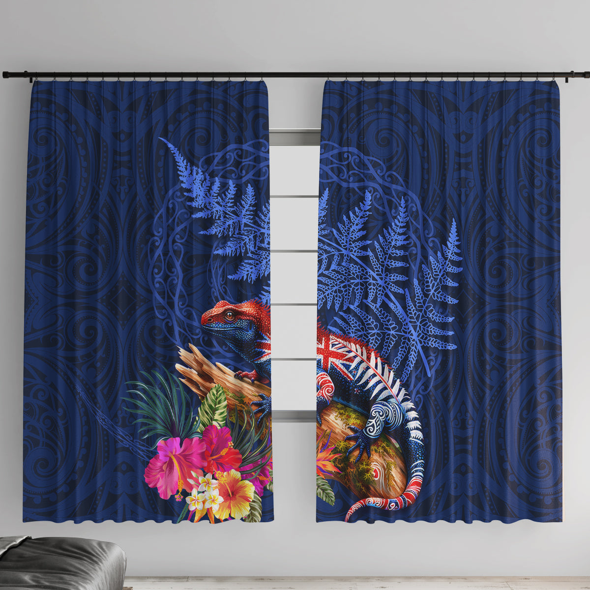 New Zealand Tuatara Window Curtain Silver Fern Hibiscus and Tribal Maori Pattern Blue Color