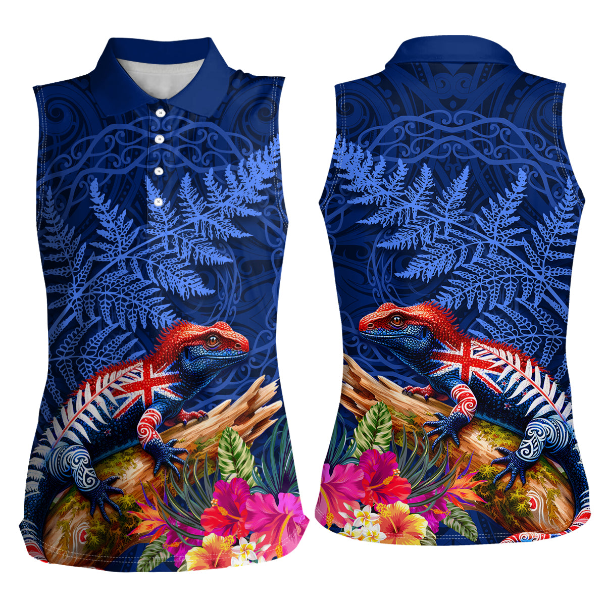 New Zealand Tuatara Women Sleeveless Polo Shirt Silver Fern Hibiscus and Tribal Maori Pattern Blue Color
