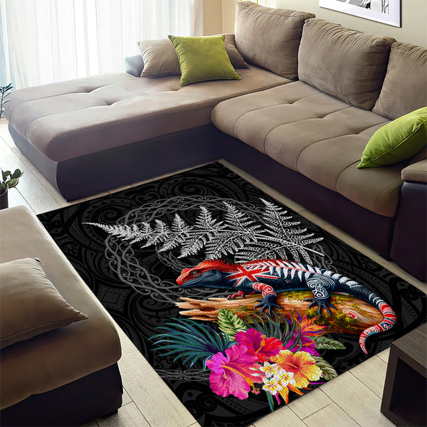 Moari Rug New Zealand Tuatara Area Rug Silver Fern Hibiscus and Tribal Maori ...