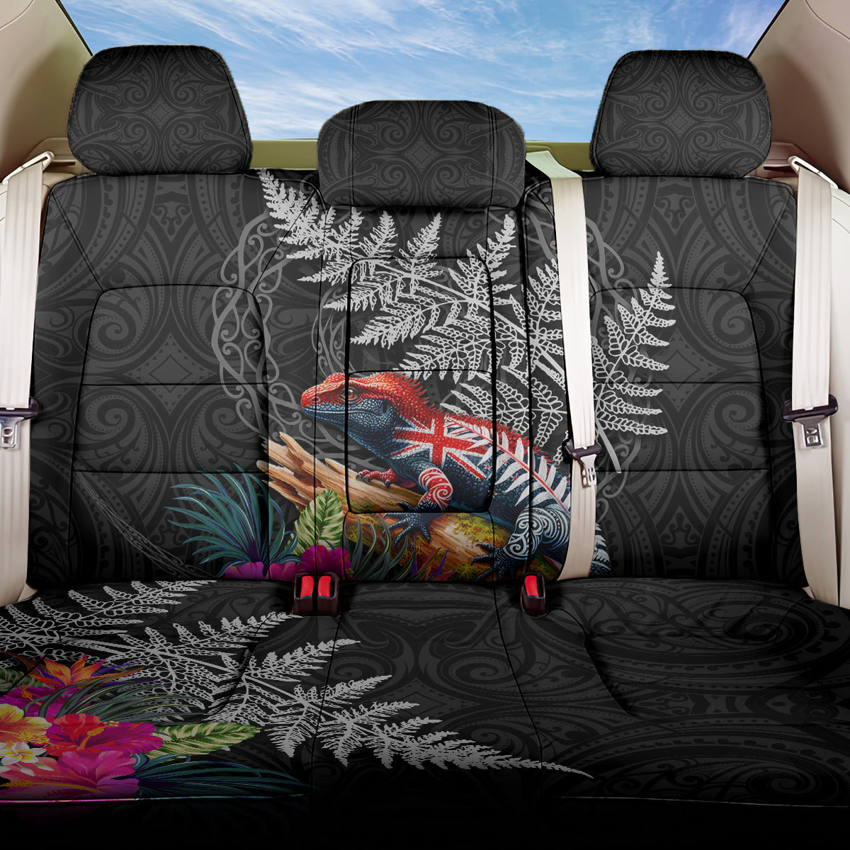 New Zealand Tuatara Back Car Seat Cover Silver Fern Hibiscus and Tribal Maori Pattern Black Color