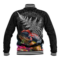 New Zealand Tuatara Baseball Jacket Silver Fern Hibiscus and Tribal Maori Pattern Black Color
