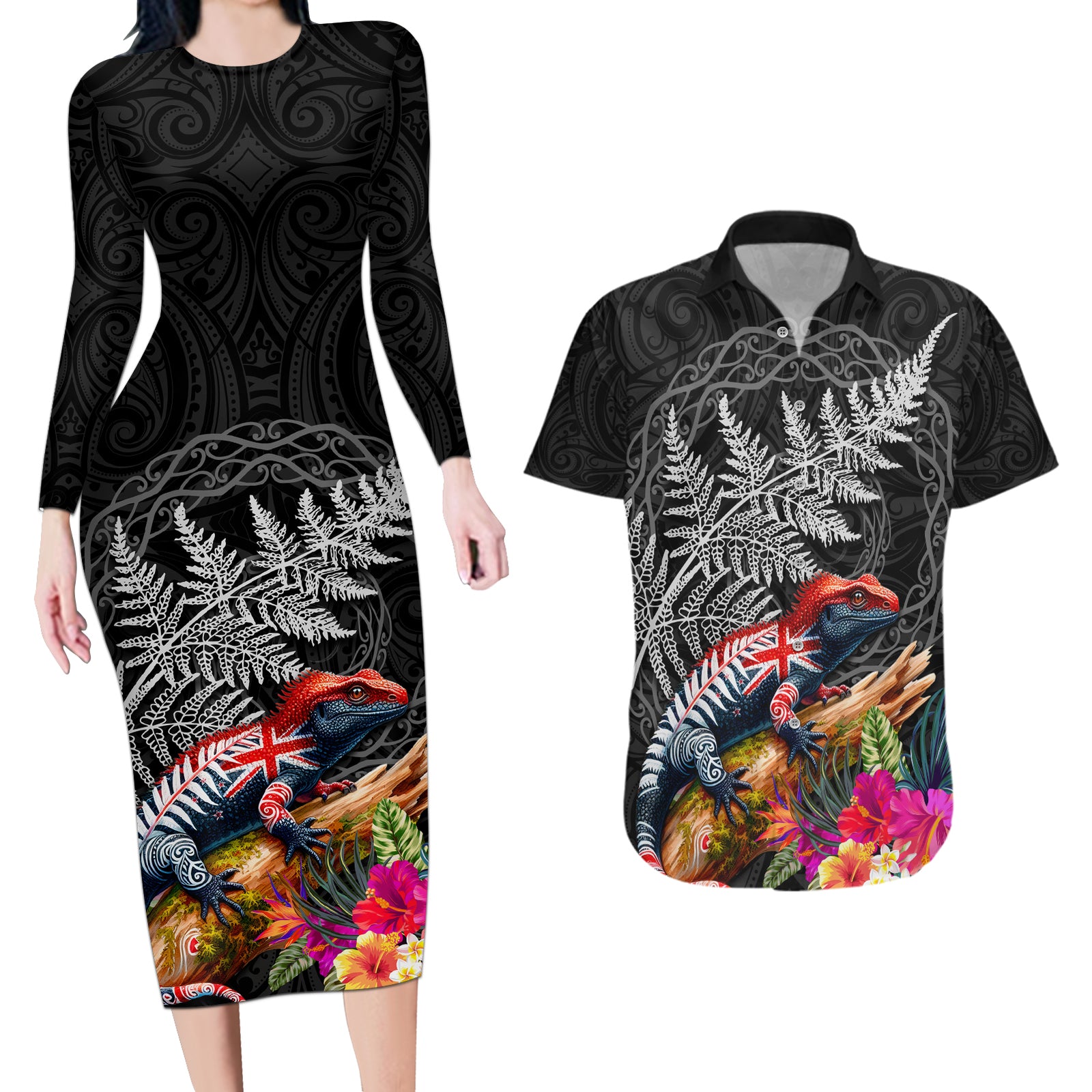 New Zealand Tuatara Couples Matching Long Sleeve Bodycon Dress and Hawaiian Shirt Silver Fern Hibiscus and Tribal Maori Pattern Black Color LT03 Black - Polynesian Pride