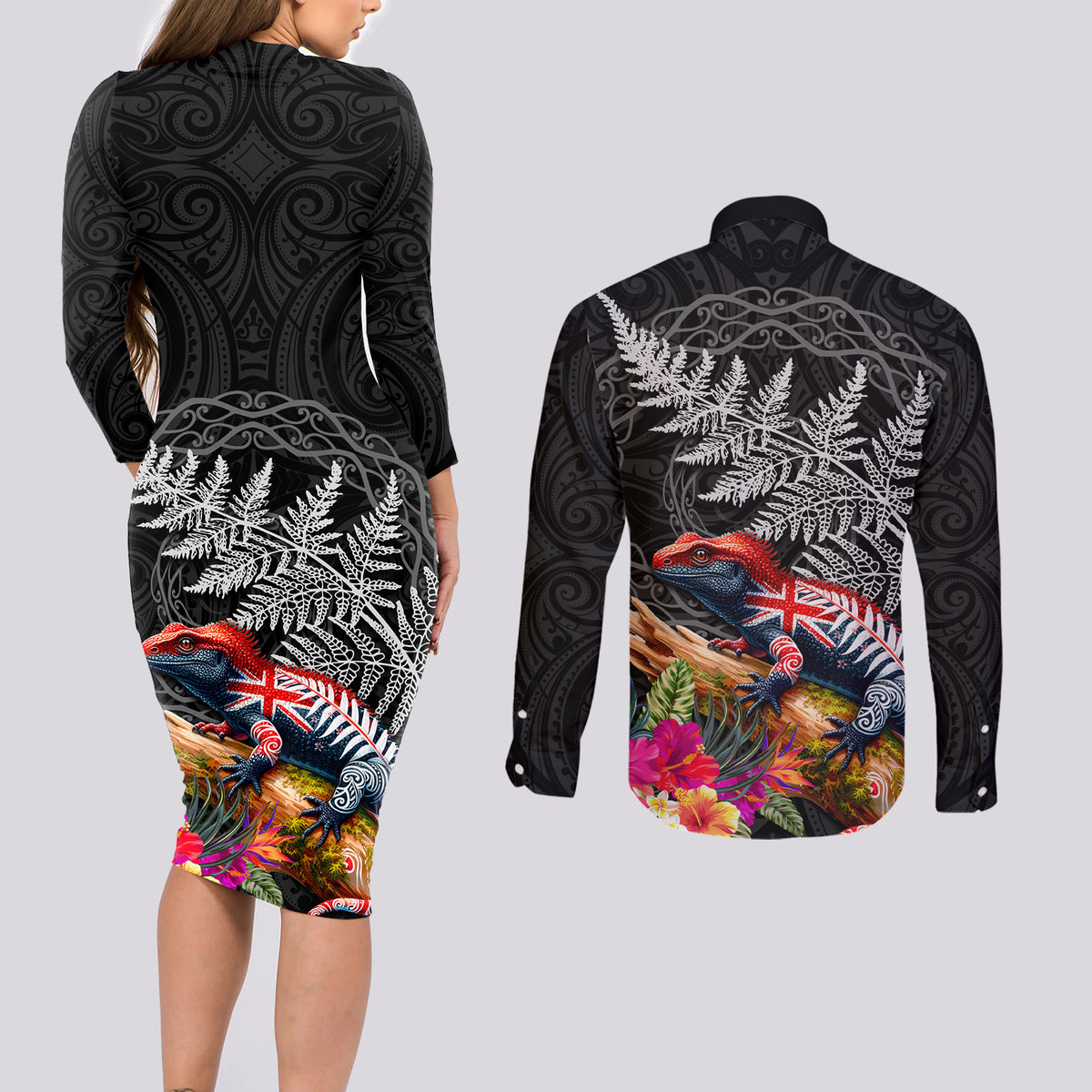 New Zealand Tuatara Couples Matching Long Sleeve Bodycon Dress and Long Sleeve Button Shirt Silver Fern Hibiscus and Tribal Maori Pattern Black Color