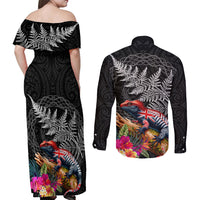 New Zealand Tuatara Couples Matching Off Shoulder Maxi Dress and Long Sleeve Button Shirt Silver Fern Hibiscus and Tribal Maori Pattern Black Color