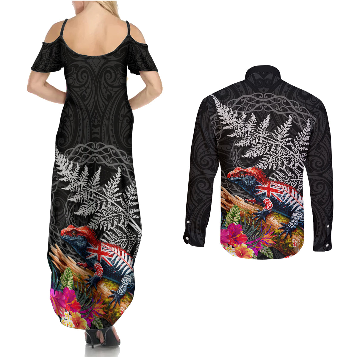 New Zealand Tuatara Couples Matching Summer Maxi Dress and Long Sleeve Button Shirt Silver Fern Hibiscus and Tribal Maori Pattern Black Color