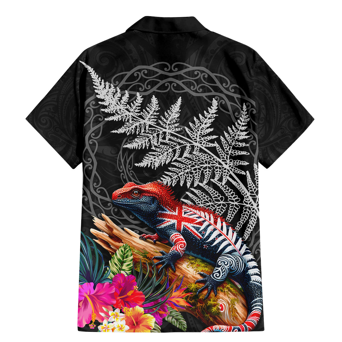 New Zealand Tuatara Family Matching Mermaid Dress and Hawaiian Shirt Silver Fern Hibiscus and Tribal Maori Pattern Black Color