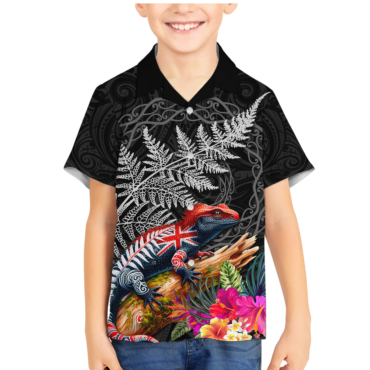 New Zealand Tuatara Family Matching Mermaid Dress and Hawaiian Shirt Silver Fern Hibiscus and Tribal Maori Pattern Black Color