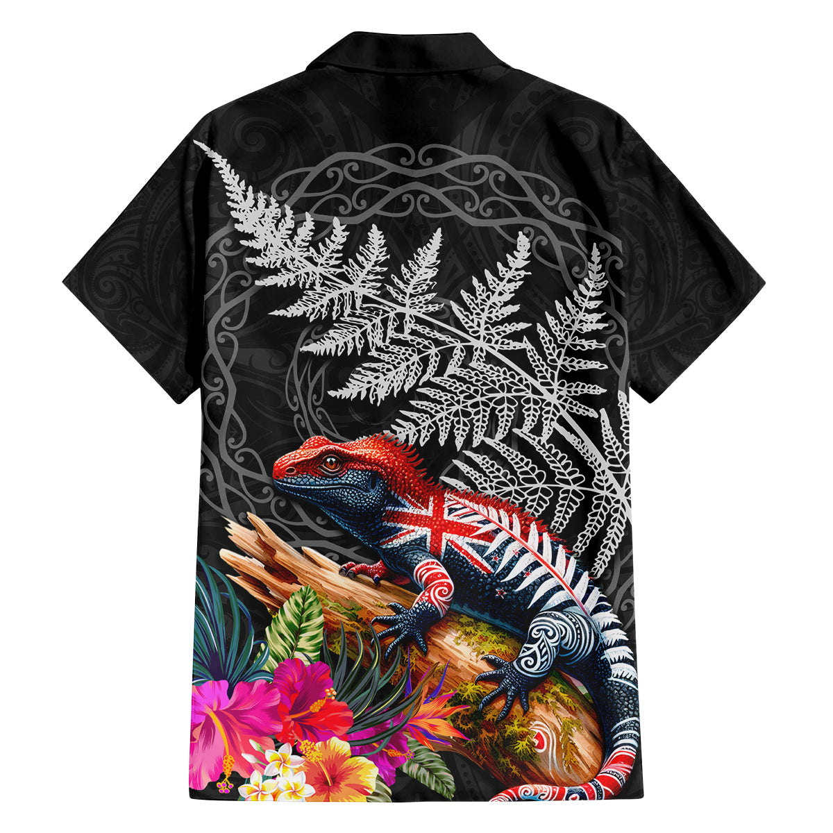 New Zealand Tuatara Family Matching Off The Shoulder Long Sleeve Dress and Hawaiian Shirt Silver Fern Hibiscus and Tribal Maori Pattern Black Color
