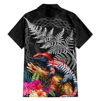 New Zealand Tuatara Family Matching Off The Shoulder Long Sleeve Dress and Hawaiian Shirt Silver Fern Hibiscus and Tribal Maori Pattern Black Color