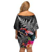 New Zealand Tuatara Family Matching Off Shoulder Short Dress and Hawaiian Shirt Silver Fern Hibiscus and Tribal Maori Pattern Black Color