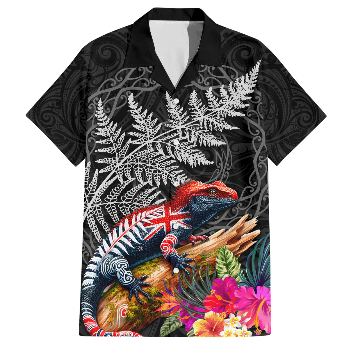 New Zealand Tuatara Family Matching Short Sleeve Bodycon Dress and Hawaiian Shirt Silver Fern Hibiscus and Tribal Maori Pattern Black Color