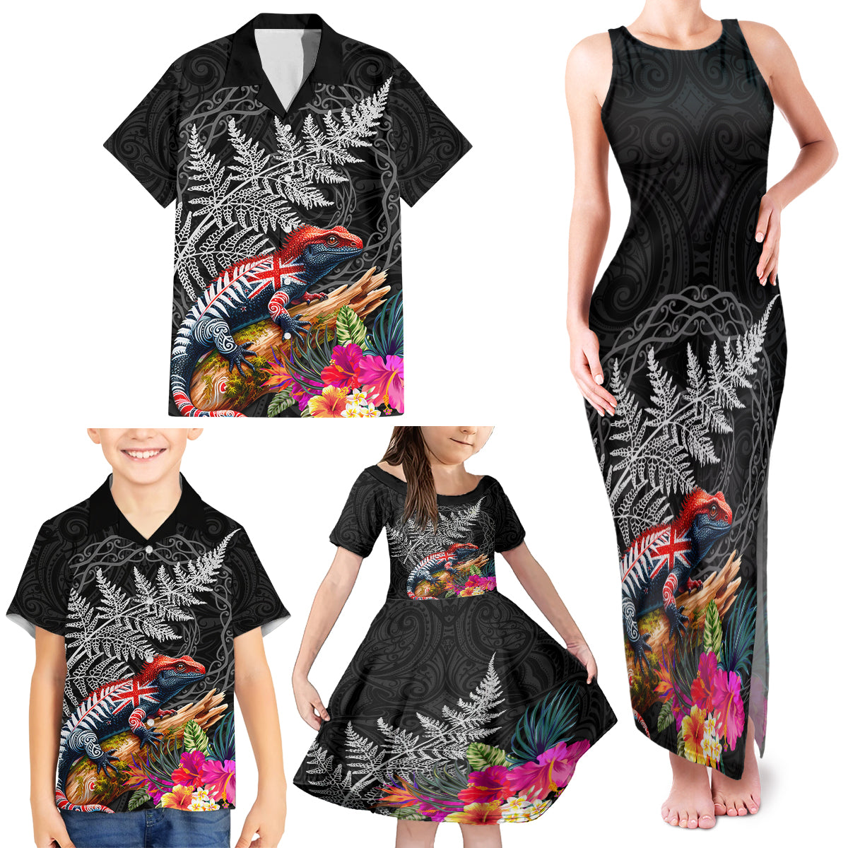 New Zealand Tuatara Family Matching Tank Maxi Dress and Hawaiian Shirt Silver Fern Hibiscus and Tribal Maori Pattern Black Color LT03 - Polynesian Pride