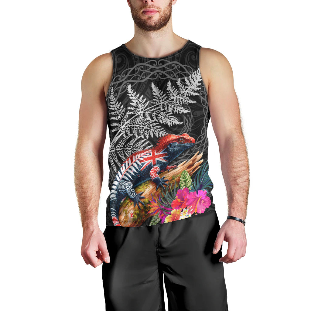 New Zealand Tuatara Men Tank Top Silver Fern Hibiscus and Tribal Maori Pattern Black Color