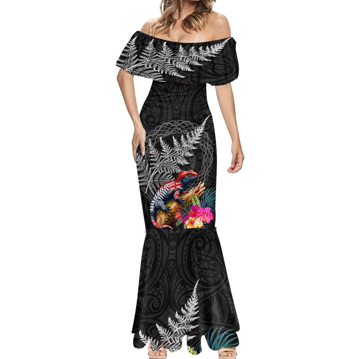 New Zealand Tuatara Mermaid Dress Silver Fern Hibiscus and Tribal Maori Pattern Black Color