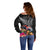 New Zealand Tuatara Off Shoulder Sweater Silver Fern Hibiscus and Tribal Maori Pattern Black Color