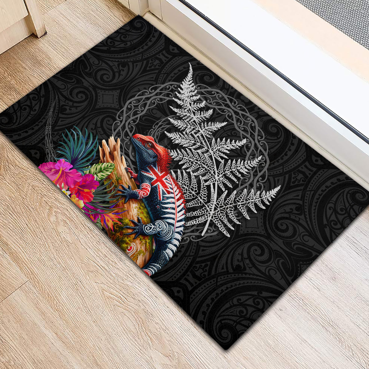New Zealand Tuatara Rubber Doormat Silver Fern Hibiscus and Tribal Maori Pattern Black Color