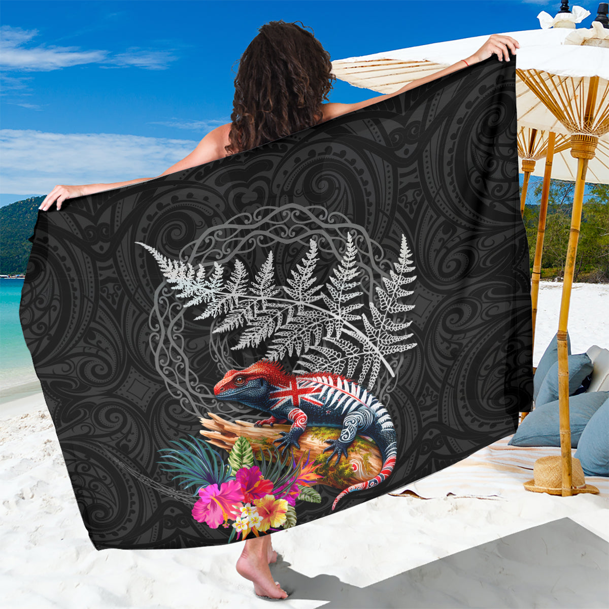 New Zealand Tuatara Sarong Silver Fern Hibiscus and Tribal Maori Pattern Black Color