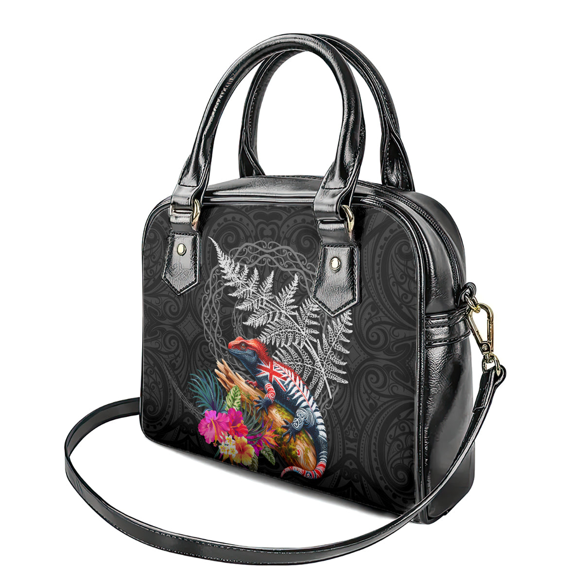 New Zealand Tuatara Shoulder Handbag Silver Fern Hibiscus and Tribal Maori Pattern Black Color