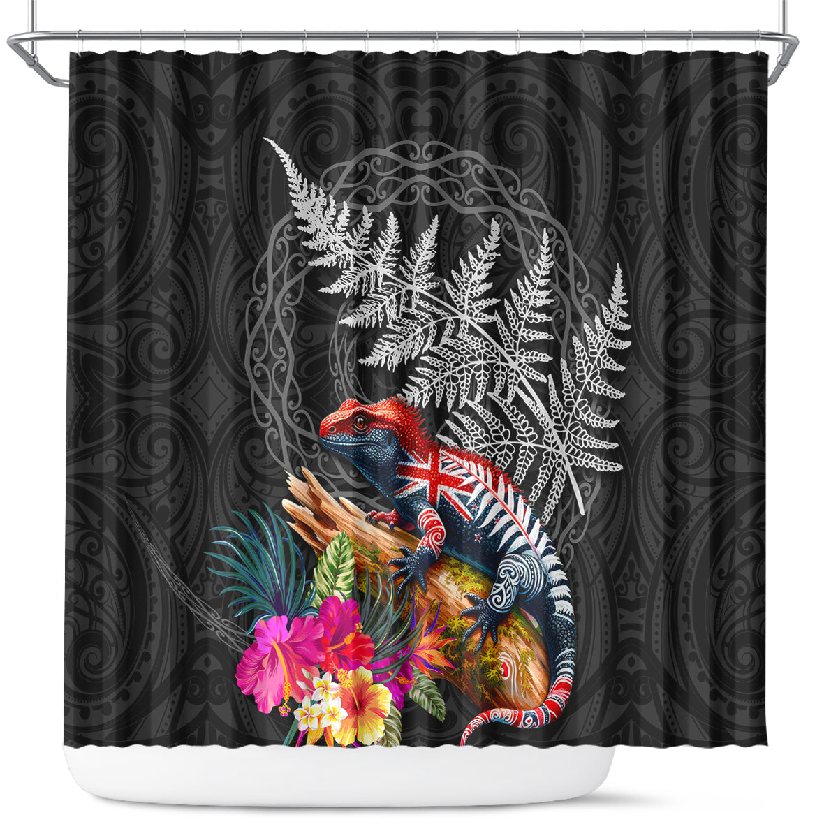 New Zealand Tuatara Shower Curtain Silver Fern Hibiscus and Tribal Maori Pattern Black Color