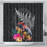 New Zealand Tuatara Shower Curtain Silver Fern Hibiscus and Tribal Maori Pattern Black Color