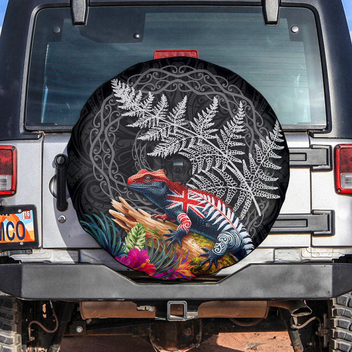 New Zealand Tuatara Spare Tire Cover Silver Fern Hibiscus and Tribal Maori Pattern Black Color