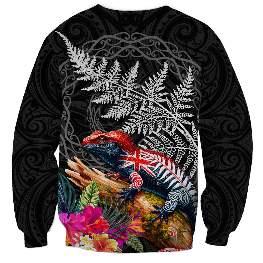 New Zealand Tuatara Sweatshirt Silver Fern Hibiscus and Tribal Maori Pattern Black Color