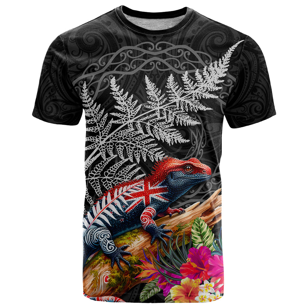 New Zealand Tuatara T Shirt Silver Fern Hibiscus and Tribal Maori Pattern Black Color LT03 Black - Polynesian Pride