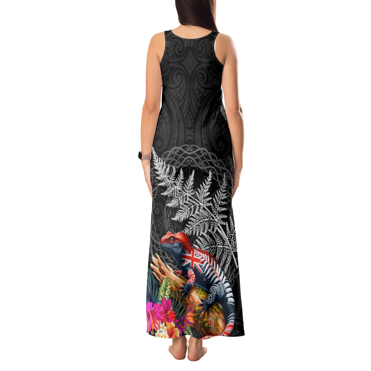 New Zealand Tuatara Tank Maxi Dress Silver Fern Hibiscus and Tribal Maori Pattern Black Color