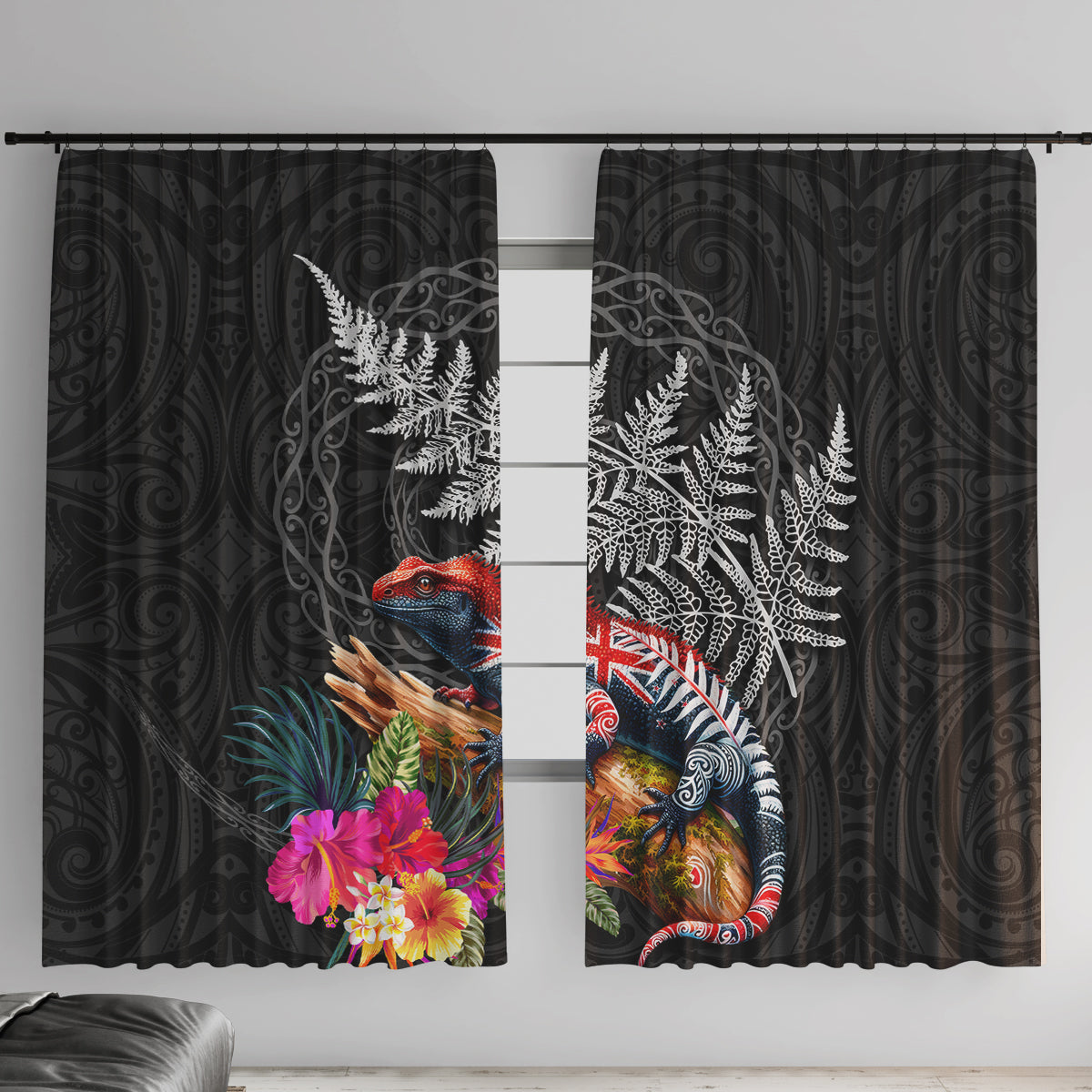 New Zealand Tuatara Window Curtain Silver Fern Hibiscus and Tribal Maori Pattern Black Color