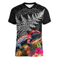 New Zealand Tuatara Women V-Neck T-Shirt Silver Fern Hibiscus and Tribal Maori Pattern Black Color
