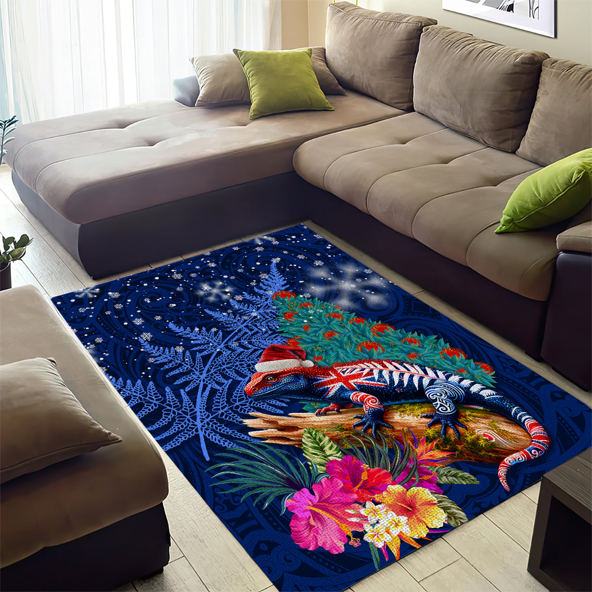 New Zealand Tuatara Christmas Area Rug Silver Fern and Xmas Pohutukawa Tree Blue Color