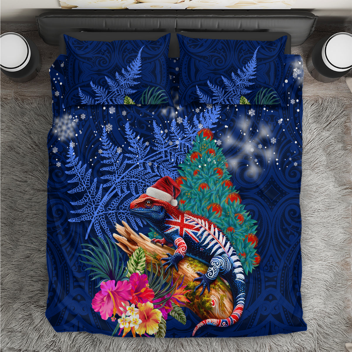 New Zealand Tuatara Christmas Bedding Set Silver Fern and Xmas Pohutukawa Tree Blue Color LT03 Blue - Polynesian Pride
