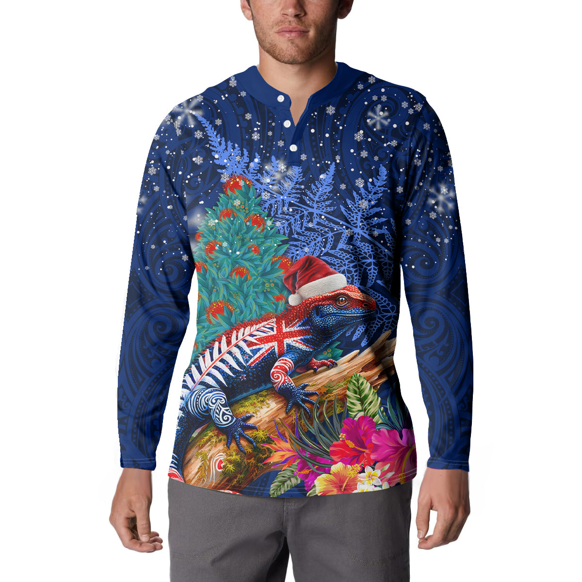 New Zealand Tuatara Christmas Button Sweatshirt Silver Fern and Xmas Pohutukawa Tree Blue Color