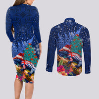 New Zealand Tuatara Christmas Couples Matching Long Sleeve Bodycon Dress and Long Sleeve Button Shirt Silver Fern and Xmas Pohutukawa Tree Blue Color
