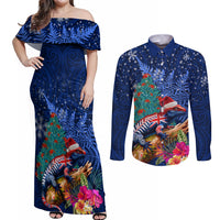 New Zealand Tuatara Christmas Couples Matching Off Shoulder Maxi Dress and Long Sleeve Button Shirt Silver Fern and Xmas Pohutukawa Tree Blue Color