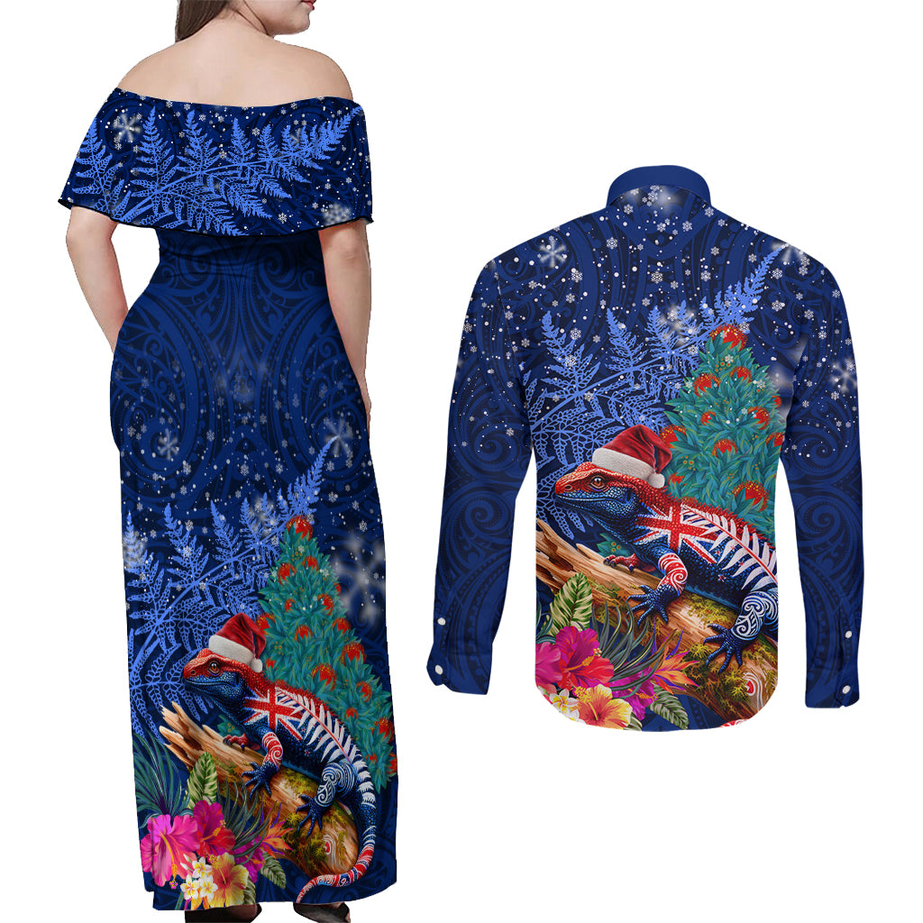 New Zealand Tuatara Christmas Couples Matching Off Shoulder Maxi Dress and Long Sleeve Button Shirt Silver Fern and Xmas Pohutukawa Tree Blue Color