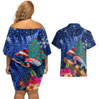 New Zealand Tuatara Christmas Couples Matching Off Shoulder Short Dress and Hawaiian Shirt Silver Fern and Xmas Pohutukawa Tree Blue Color