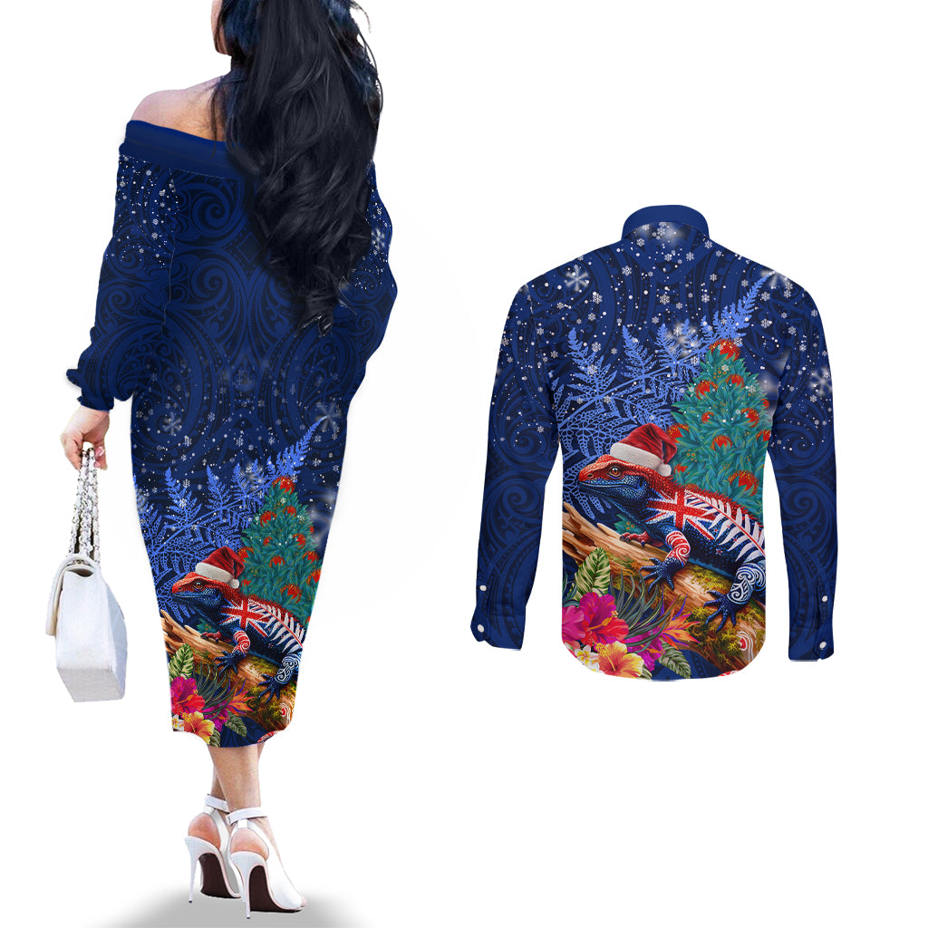 New Zealand Tuatara Christmas Couples Matching Off The Shoulder Long Sleeve Dress and Long Sleeve Button Shirt Silver Fern and Xmas Pohutukawa Tree Blue Color